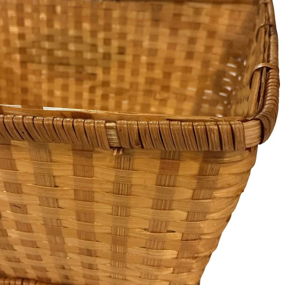 Vintage Woven Wood Splint Picnic Basket Dual Swing Handles Brown Diamond 12x9x4